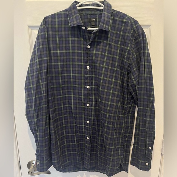 J Crew Mens Ludlow‎ 120s 2-Ply Green Blue Plaid Button Down Shirt Large Preppy - Picture 1 of 3